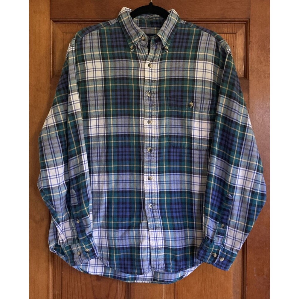 Vintage Lands End Mens L‎ 16-16.5  Regular Cotton Blue Plaid Button Down Shirt